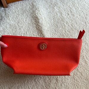 Tory Burch Coral-Orange Pebbled Leather Cosmetic Pouch